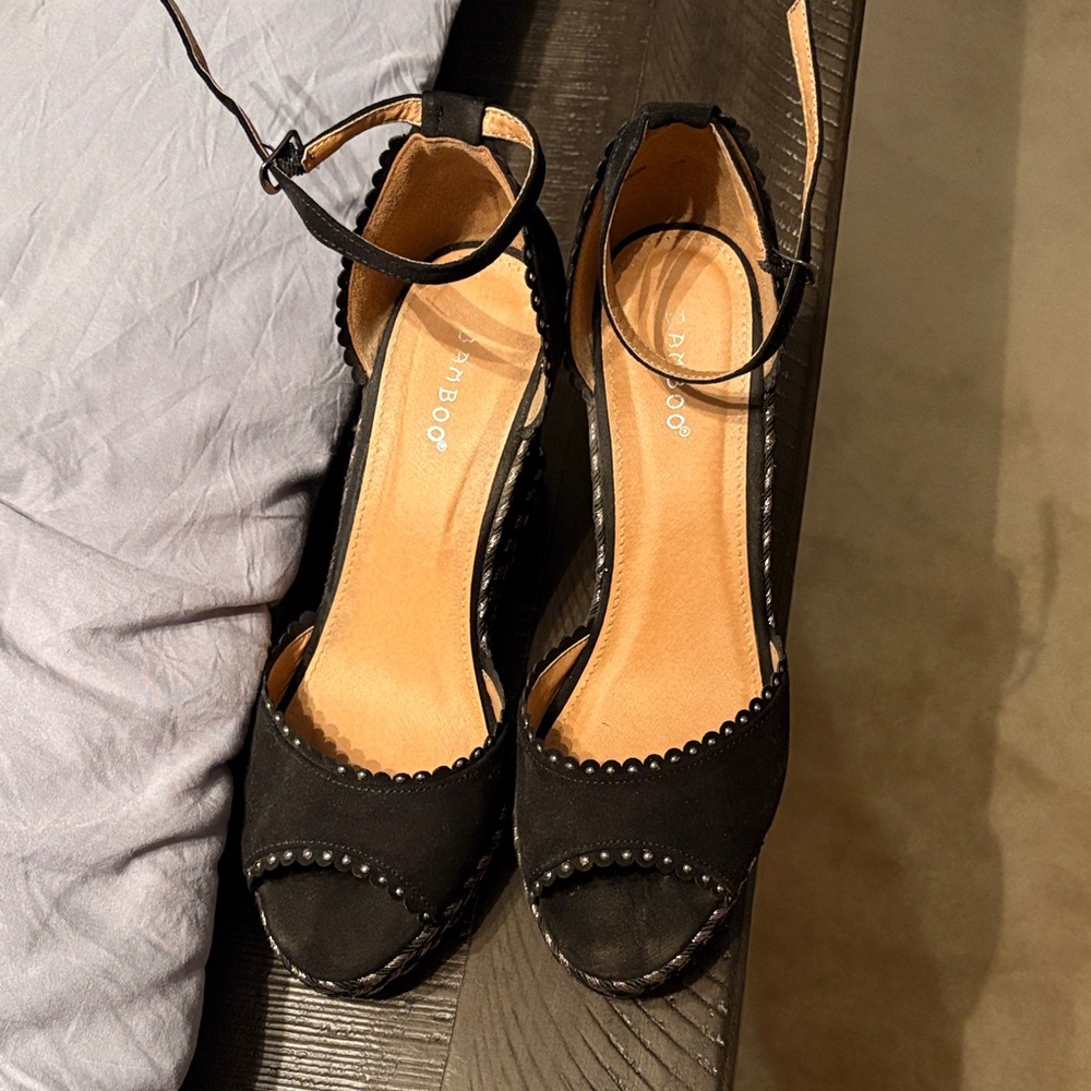 BAMBOO Black Peep-Toe Wedges
